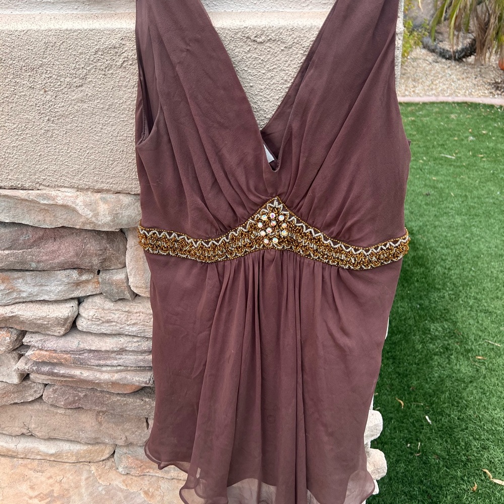 Miguelina 100% silk brown blouse size small